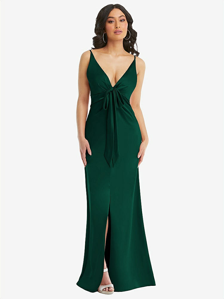 【STYLE: 6869】Skinny Strap Plunge Neckline Maxi Dress with Bow Detail【COLOR: Hunter Green】