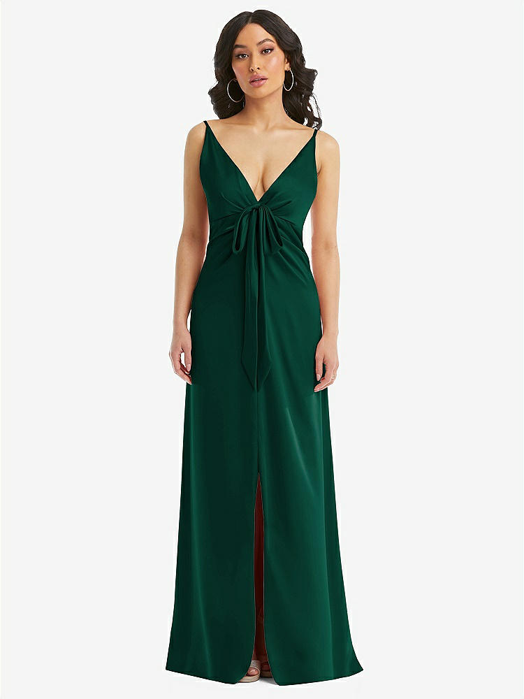 【STYLE: 6869】Skinny Strap Plunge Neckline Maxi Dress with Bow Detail【COLOR: Hunter Green】