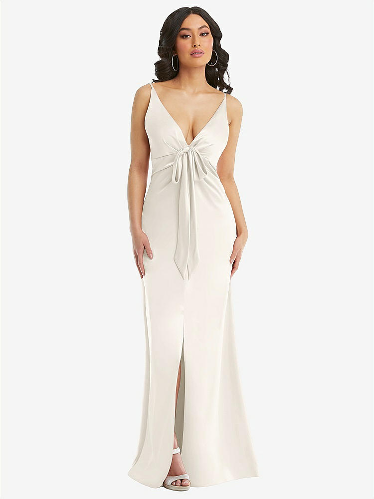 【STYLE: 6869】Skinny Strap Plunge Neckline Maxi Dress with Bow Detail【COLOR: Ivory】