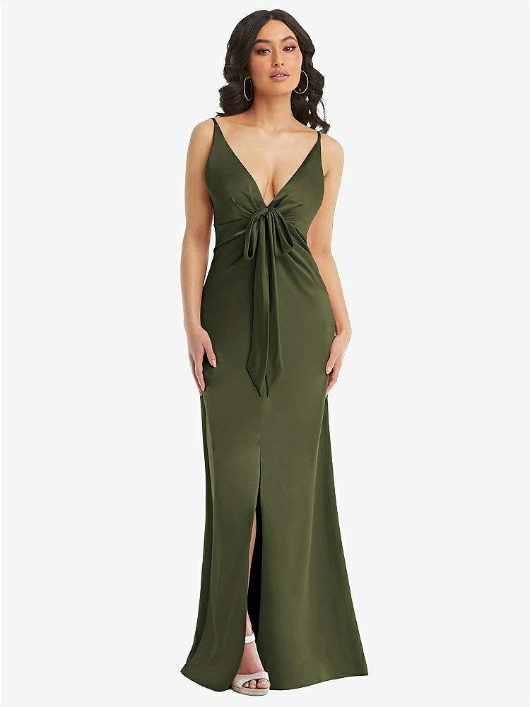 【STYLE: 6869】Skinny Strap Plunge Neckline Maxi Dress with Bow Detail【COLOR: Olive Green】