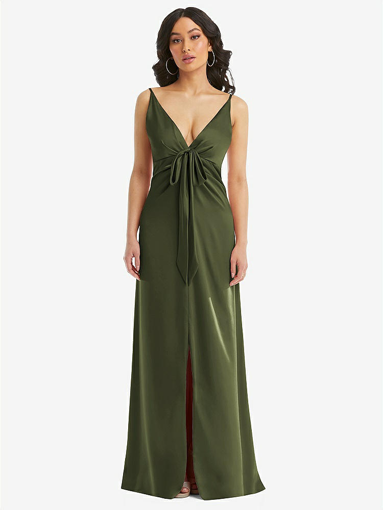 【STYLE: 6869】Skinny Strap Plunge Neckline Maxi Dress with Bow Detail【COLOR: Olive Green】