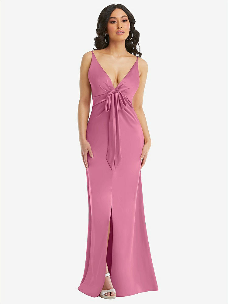 【STYLE: 6869】Skinny Strap Plunge Neckline Maxi Dress with Bow Detail【COLOR: Orchid Pink】