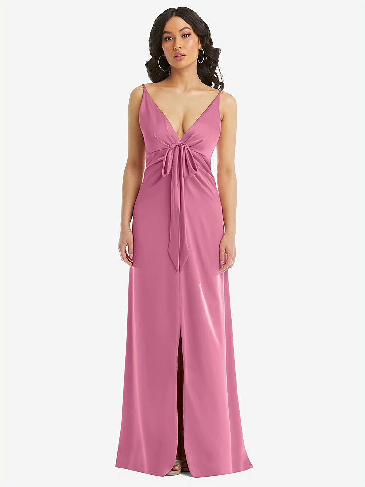 【STYLE: 6869】Skinny Strap Plunge Neckline Maxi Dress with Bow Detail【COLOR: Orchid Pink】