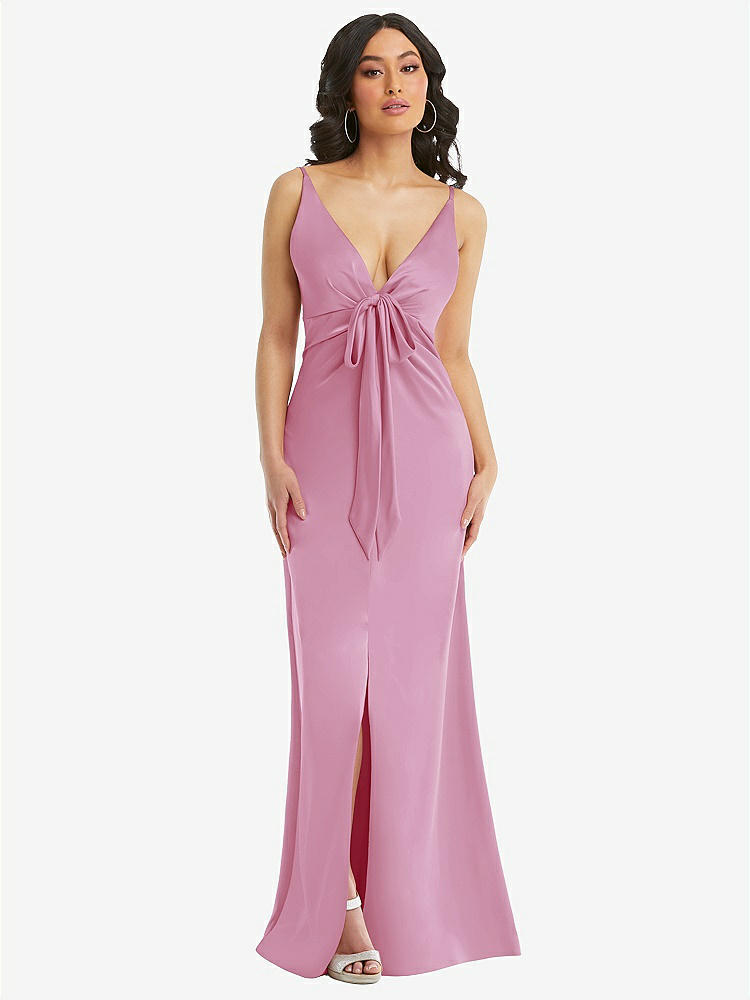 【STYLE: 6869】Skinny Strap Plunge Neckline Maxi Dress with Bow Detail【COLOR: Powder Pink】