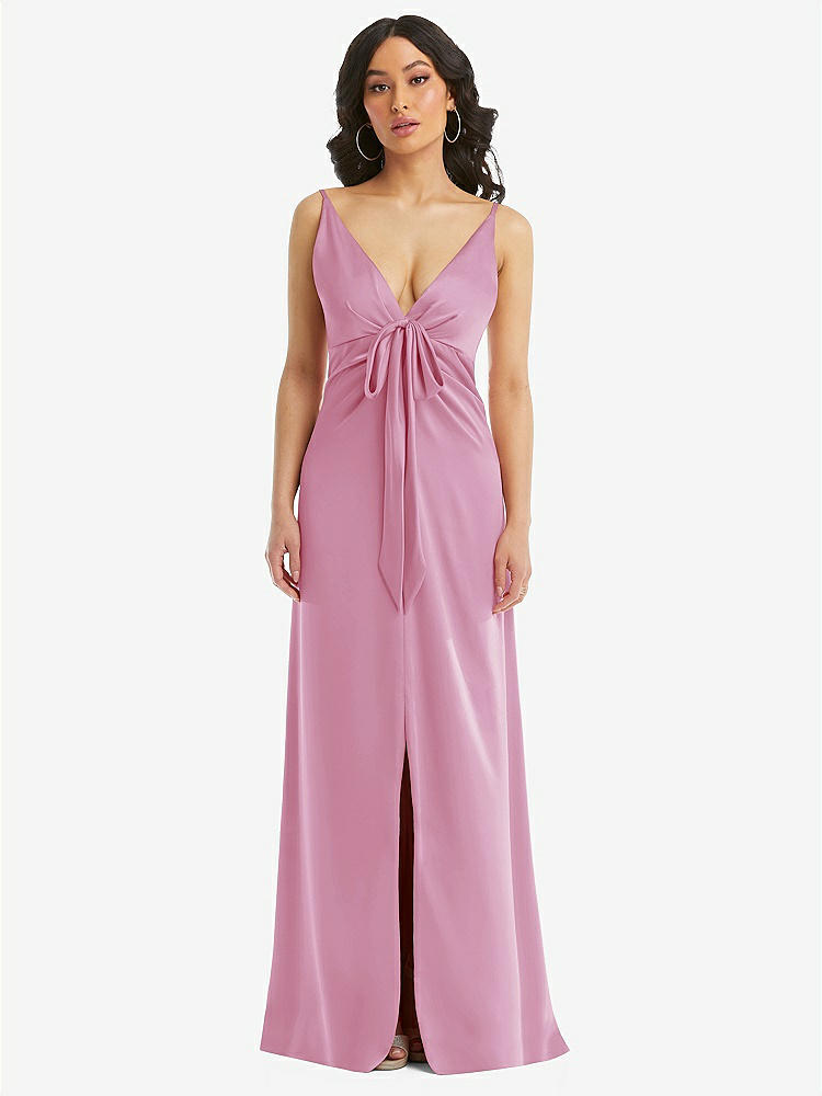 【STYLE: 6869】Skinny Strap Plunge Neckline Maxi Dress with Bow Detail【COLOR: Powder Pink】
