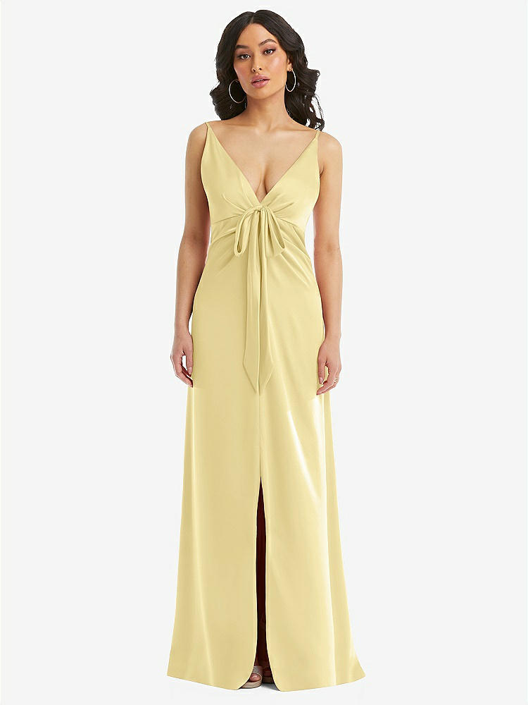 【STYLE: 6869】Skinny Strap Plunge Neckline Maxi Dress with Bow Detail【COLOR: Pale Yellow】