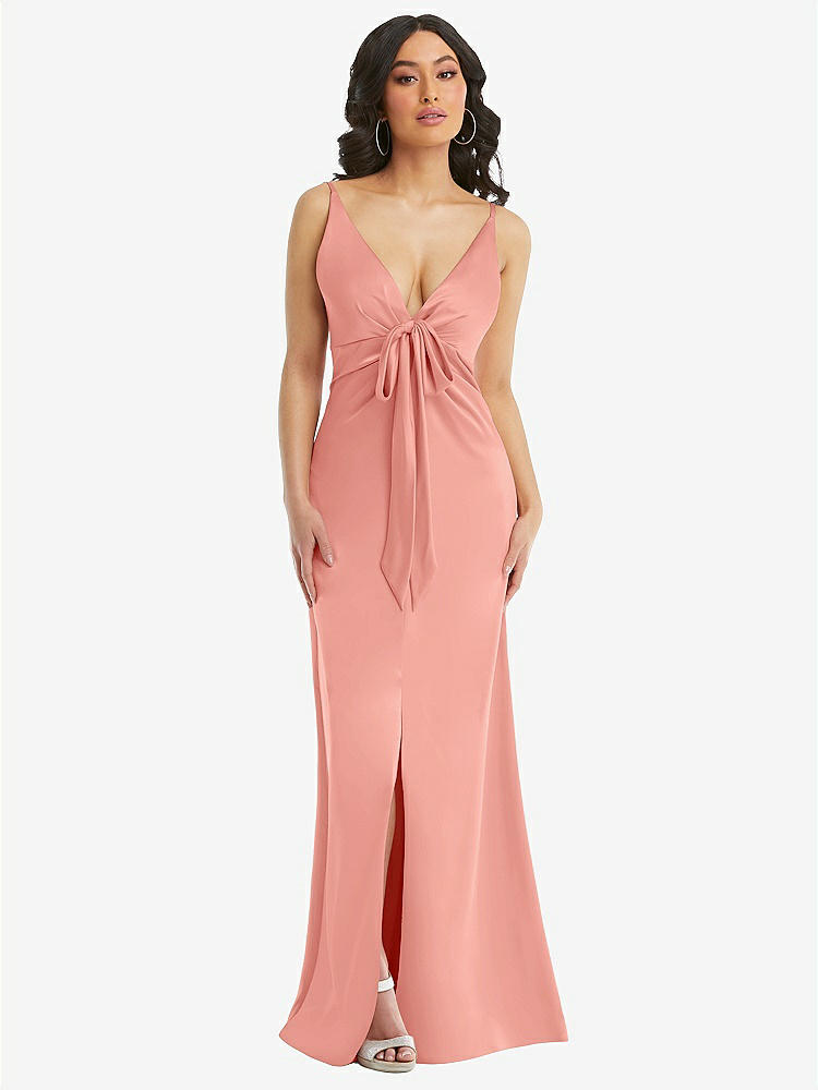 【STYLE: 6869】Skinny Strap Plunge Neckline Maxi Dress with Bow Detail【COLOR: Rose - PANTONE Rose Quartz】