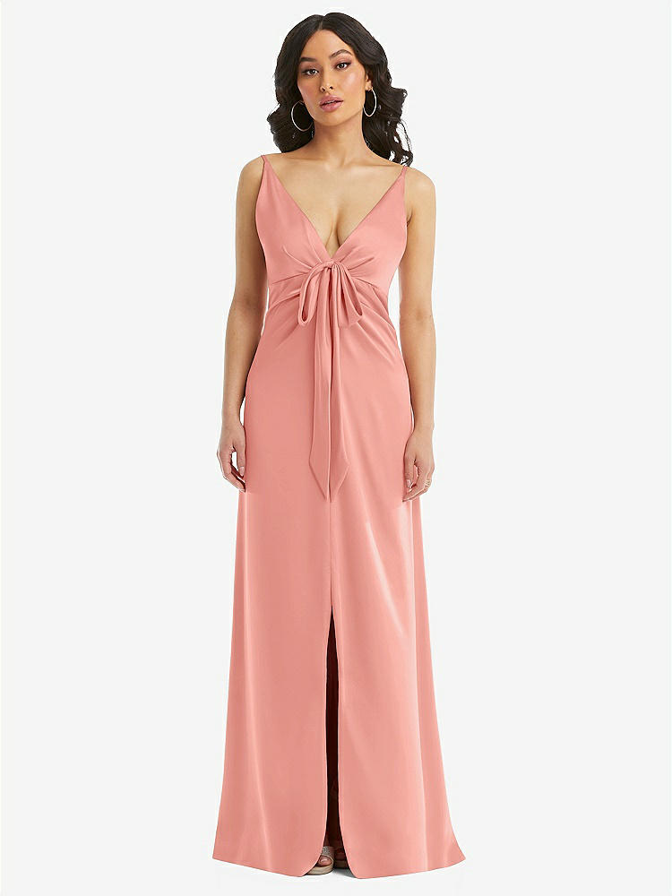 【STYLE: 6869】Skinny Strap Plunge Neckline Maxi Dress with Bow Detail【COLOR: Rose - PANTONE Rose Quartz】