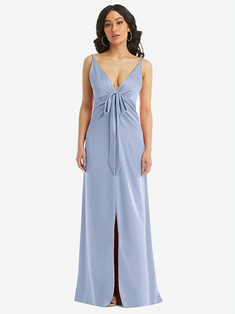 【STYLE: 6869】Skinny Strap Plunge Neckline Maxi Dress with Bow Detail【COLOR: Sky Blue】