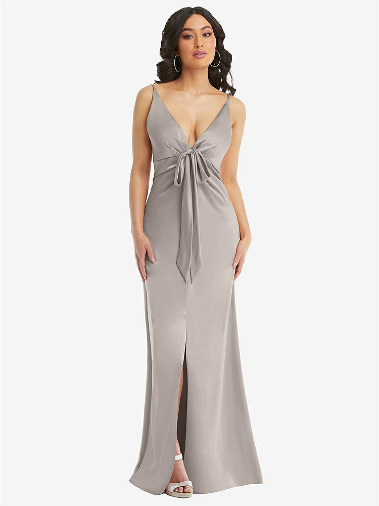 【STYLE: 6869】Skinny Strap Plunge Neckline Maxi Dress with Bow Detail【COLOR: Taupe】