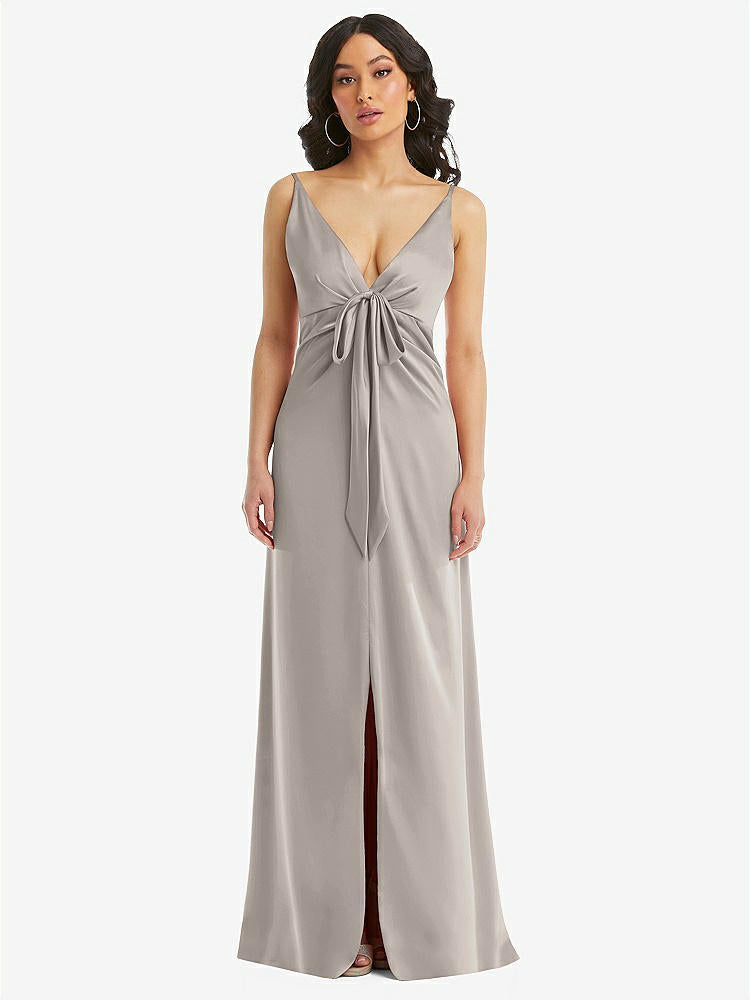 【STYLE: 6869】Skinny Strap Plunge Neckline Maxi Dress with Bow Detail【COLOR: Taupe】