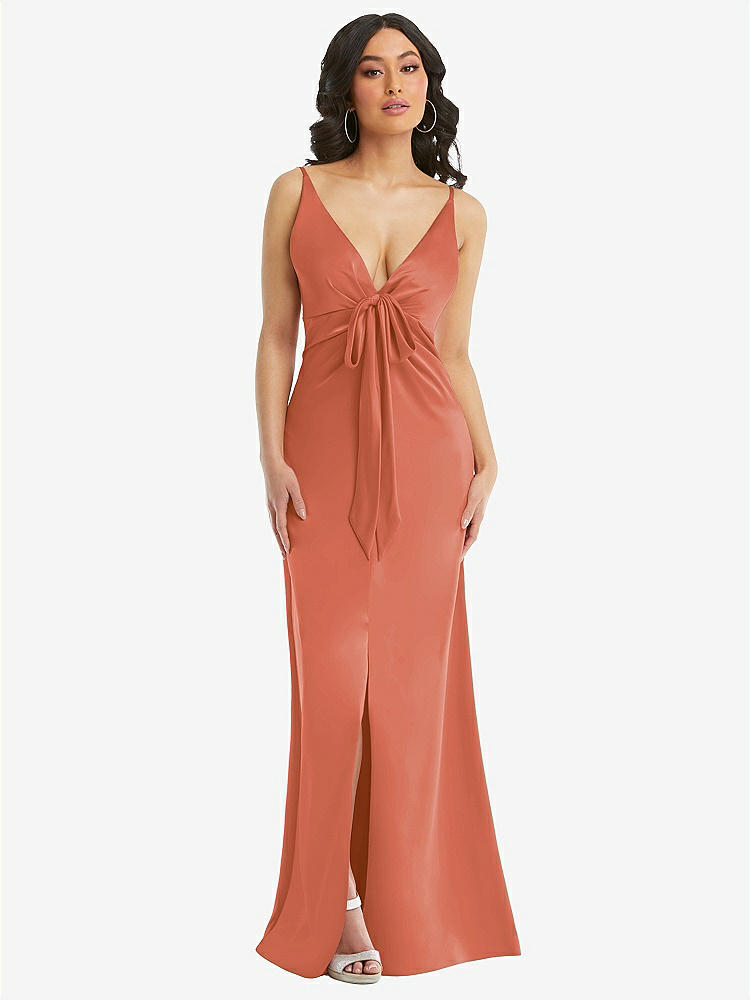 【STYLE: 6869】Skinny Strap Plunge Neckline Maxi Dress with Bow Detail【COLOR: Terracotta Copper】
