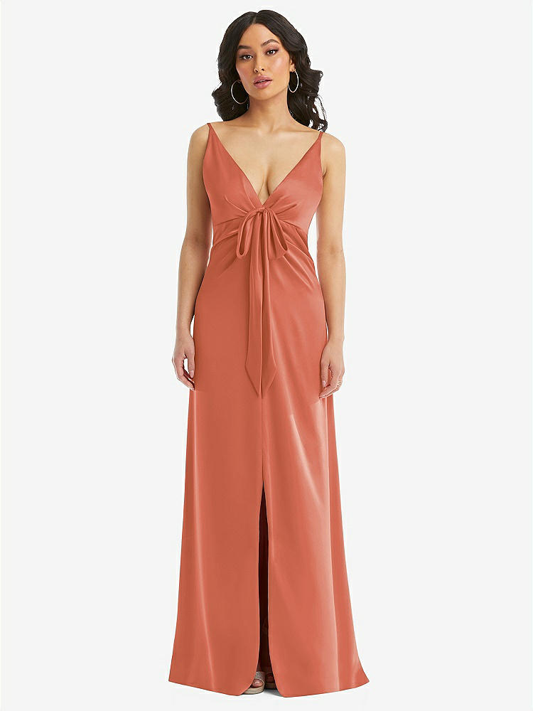 【STYLE: 6869】Skinny Strap Plunge Neckline Maxi Dress with Bow Detail【COLOR: Terracotta Copper】