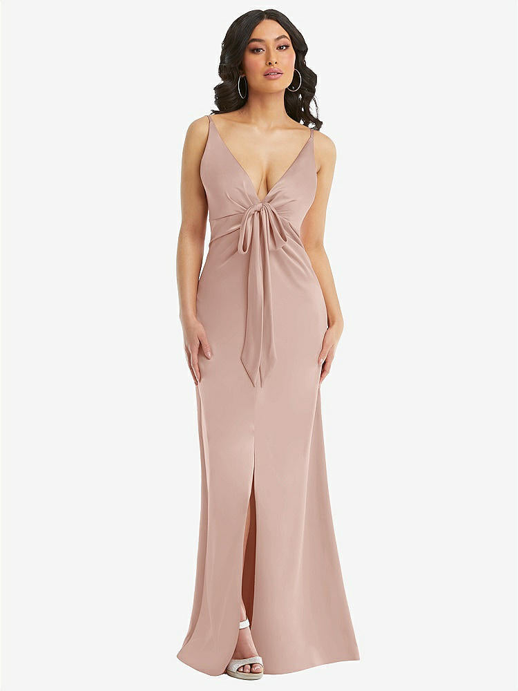 【STYLE: 6869】Skinny Strap Plunge Neckline Maxi Dress with Bow Detail【COLOR: Toasted Sugar】