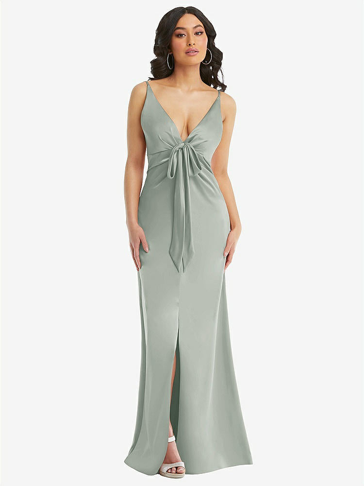 【STYLE: 6869】Skinny Strap Plunge Neckline Maxi Dress with Bow Detail【COLOR: Willow Green】