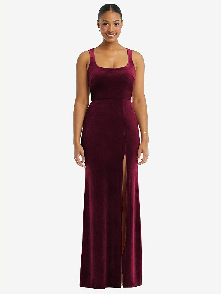 【NEW】【STYLE: 6870】正方形 首 閉じた 背中 ベルベット マキシ ドレス 【COLOR: Cabernet】【SIZE: 00-30W】