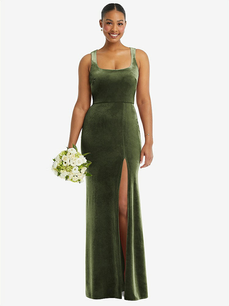 【STYLE: 6870】Square Neck Closed Back Velvet Maxi Dress 【COLOR: Olive Green】