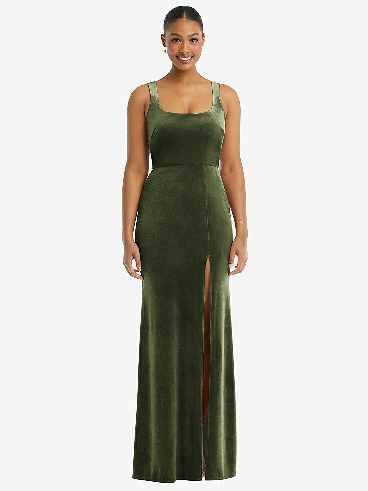 【STYLE: 6870】Square Neck Closed Back Velvet Maxi Dress 【COLOR: Olive Green】