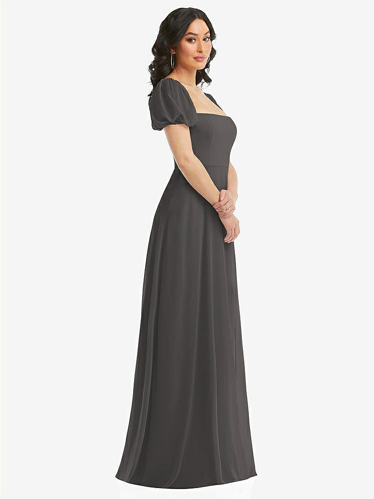 【STYLE: 1567】Puff Sleeve Chiffon Maxi Dress with Front Slit【COLOR: Caviar Gray】