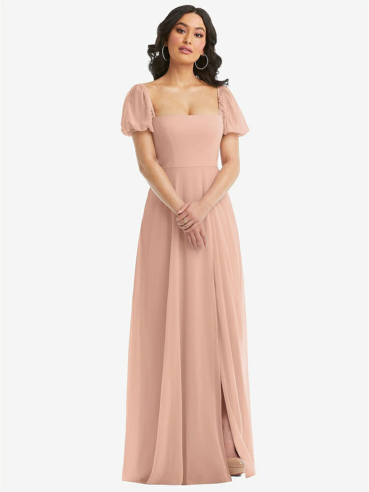 【STYLE: 1567】Puff Sleeve Chiffon Maxi Dress with Front Slit【COLOR: Pale Peach】