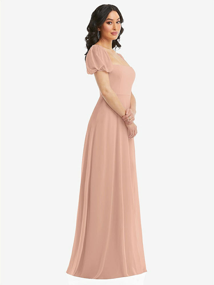 【STYLE: 1567】Puff Sleeve Chiffon Maxi Dress with Front Slit【COLOR: Pale Peach】