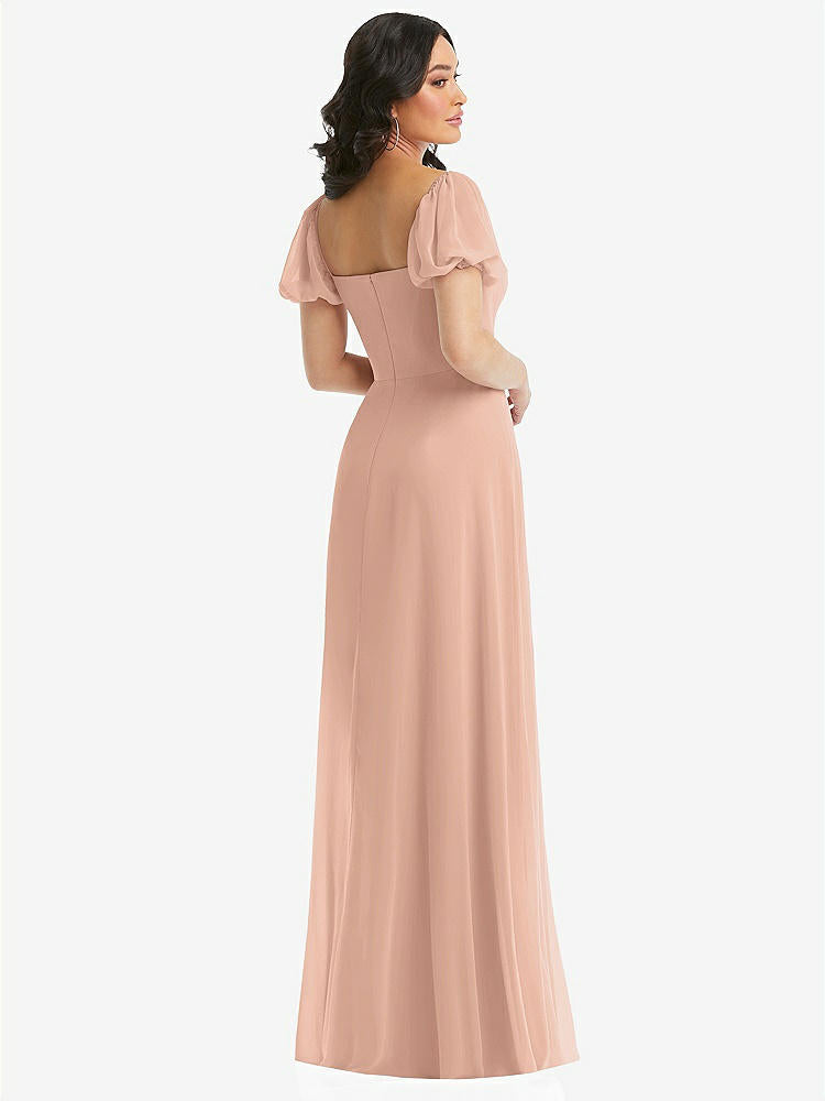 【STYLE: 1567】Puff Sleeve Chiffon Maxi Dress with Front Slit【COLOR: Pale Peach】