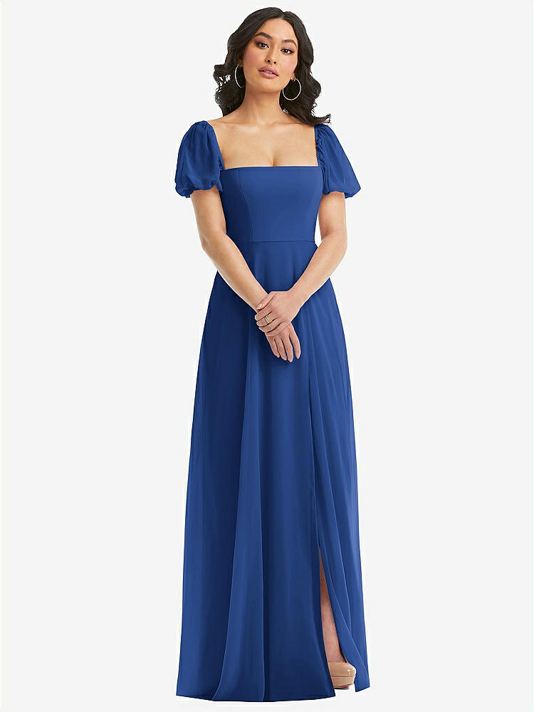 【STYLE: 1567】Puff Sleeve Chiffon Maxi Dress with Front Slit【COLOR: Classic Blue】