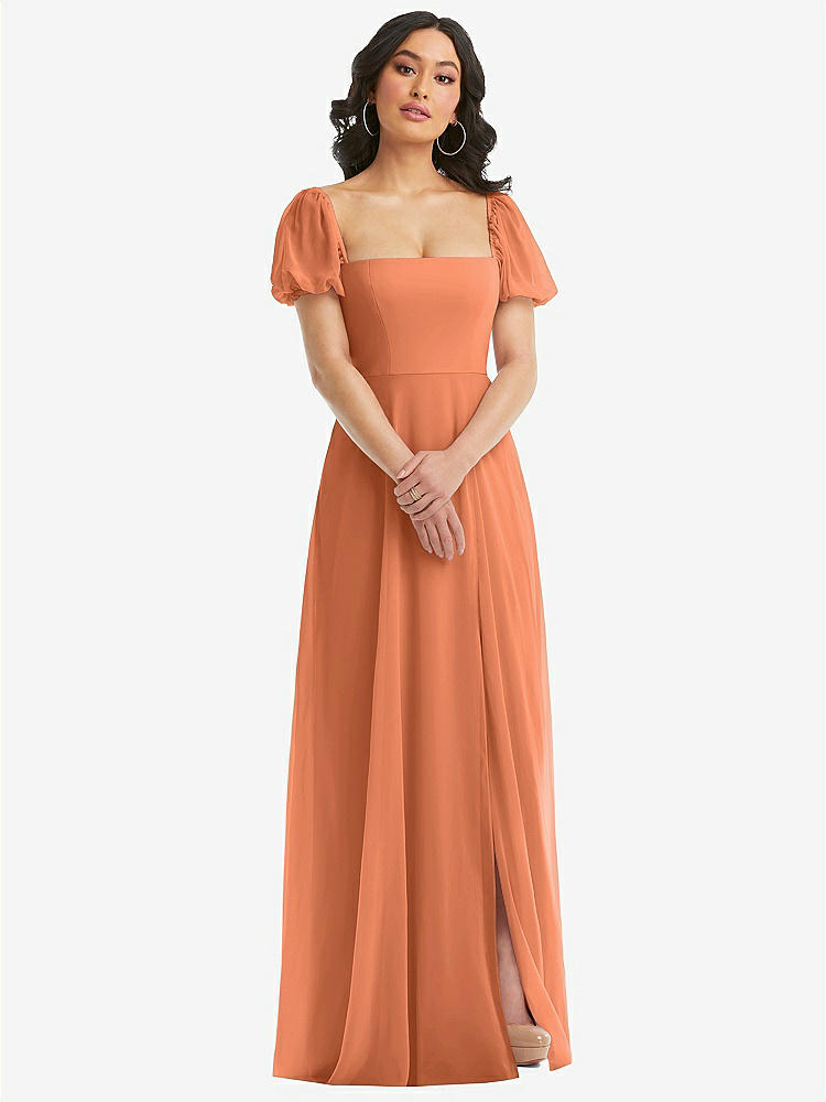 【STYLE: 1567】Puff Sleeve Chiffon Maxi Dress with Front Slit【COLOR: Sweet Melon】