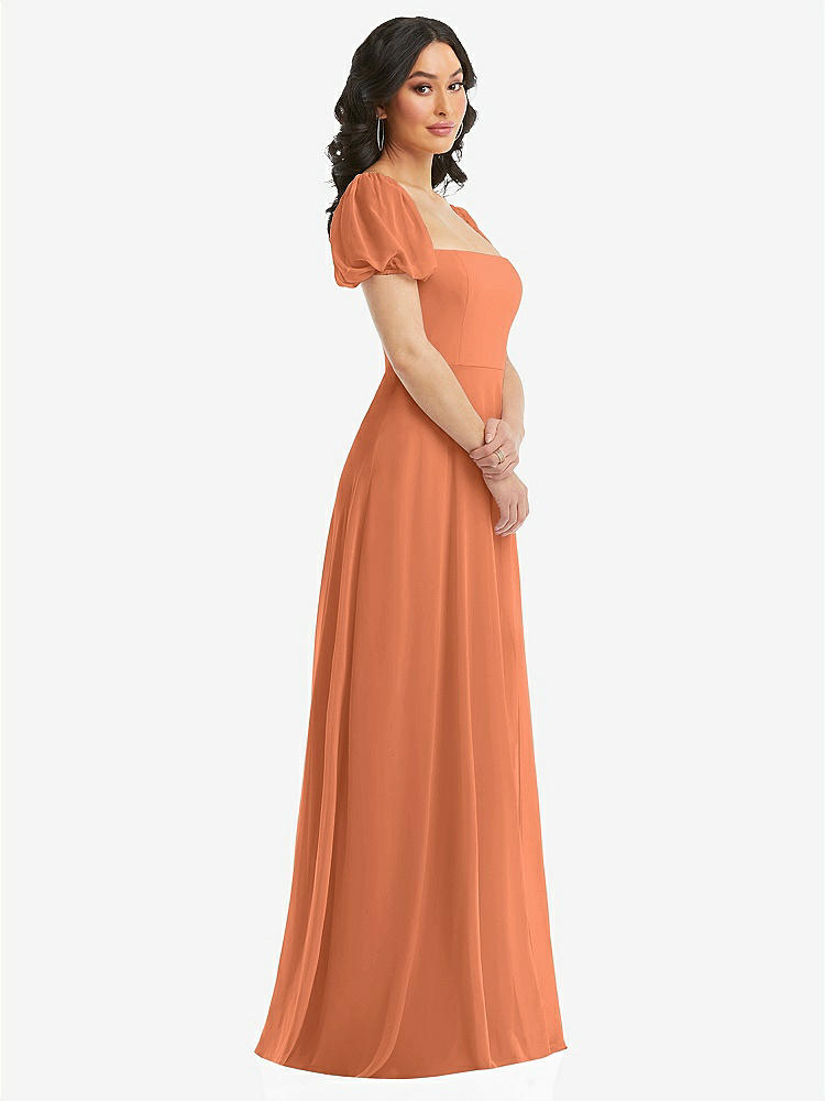 【STYLE: 1567】Puff Sleeve Chiffon Maxi Dress with Front Slit【COLOR: Sweet Melon】
