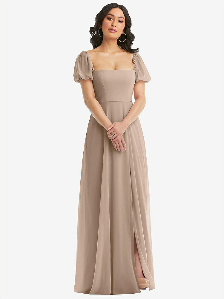 【STYLE: 1567】Puff Sleeve Chiffon Maxi Dress with Front Slit【COLOR: Topaz】