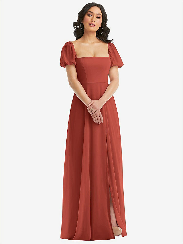 【STYLE: 1567】Puff Sleeve Chiffon Maxi Dress with Front Slit【COLOR: Amber Sunset】