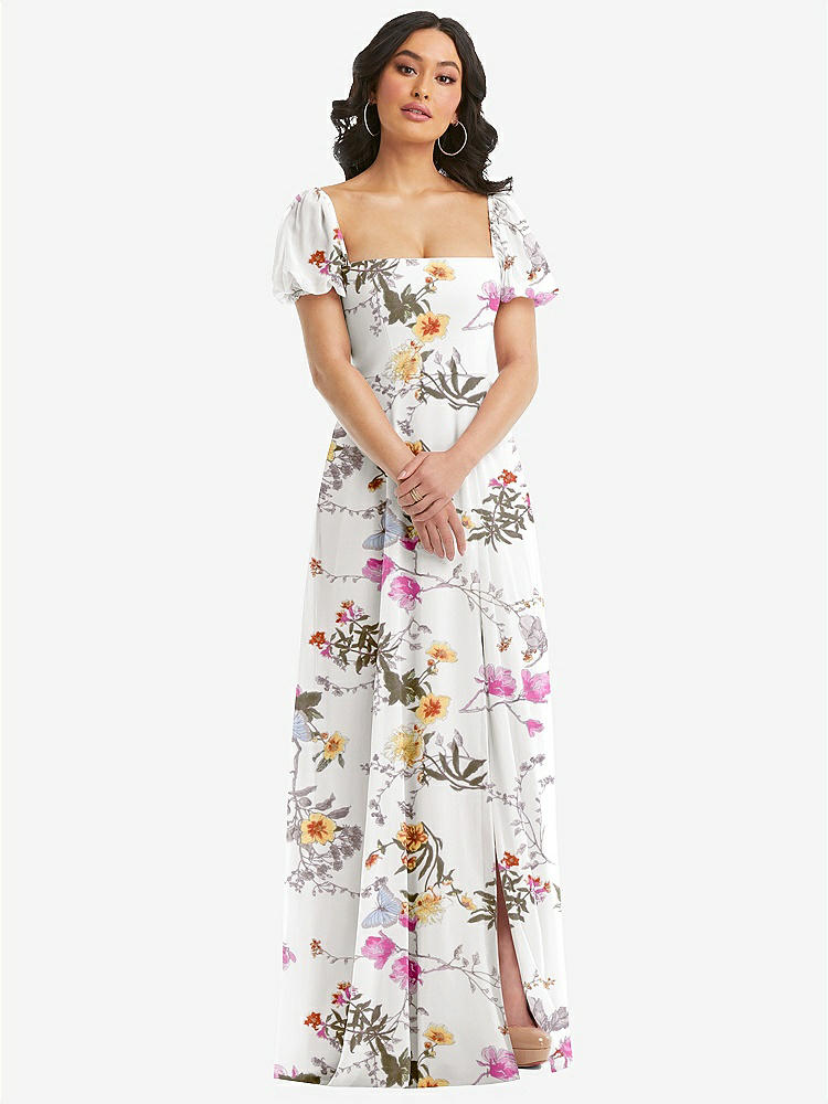【STYLE: 1567】Puff Sleeve Chiffon Maxi Dress with Front Slit【COLOR: Butterfly Botanica Ivory】