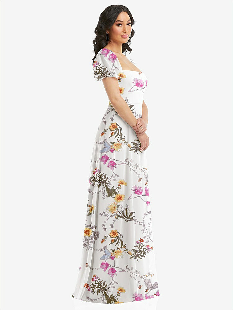 【STYLE: 1567】Puff Sleeve Chiffon Maxi Dress with Front Slit【COLOR: Butterfly Botanica Ivory】