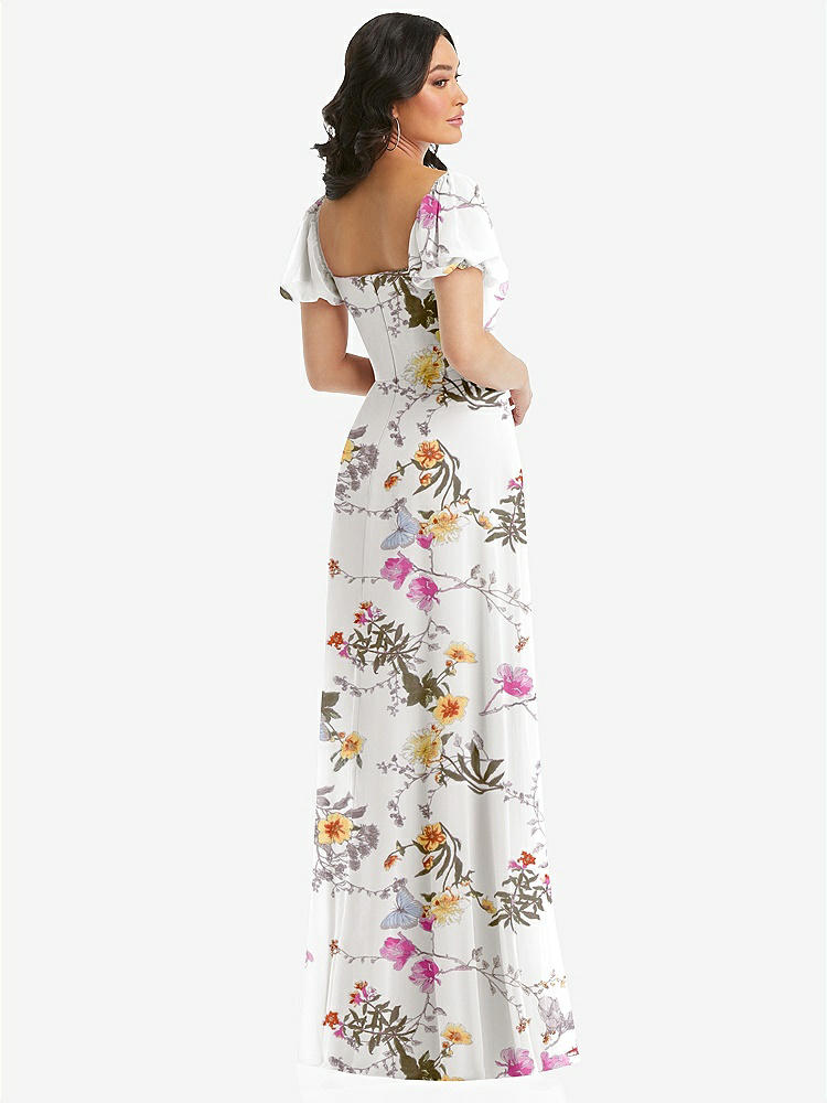 【STYLE: 1567】Puff Sleeve Chiffon Maxi Dress with Front Slit【COLOR: Butterfly Botanica Ivory】
