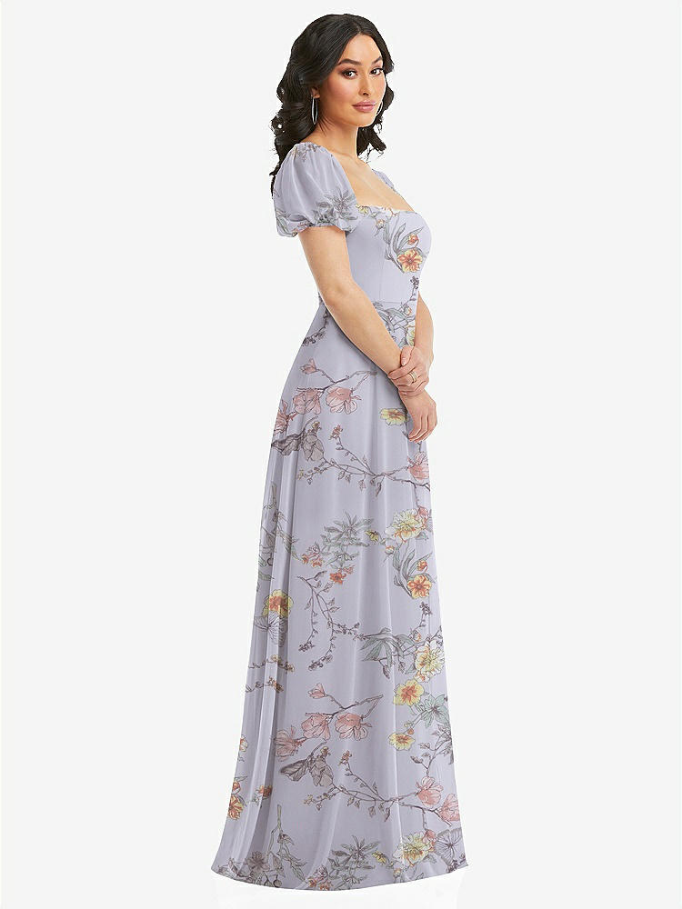 【STYLE: 1567】Puff Sleeve Chiffon Maxi Dress with Front Slit【COLOR: Butterfly Botanica Silver Dove】