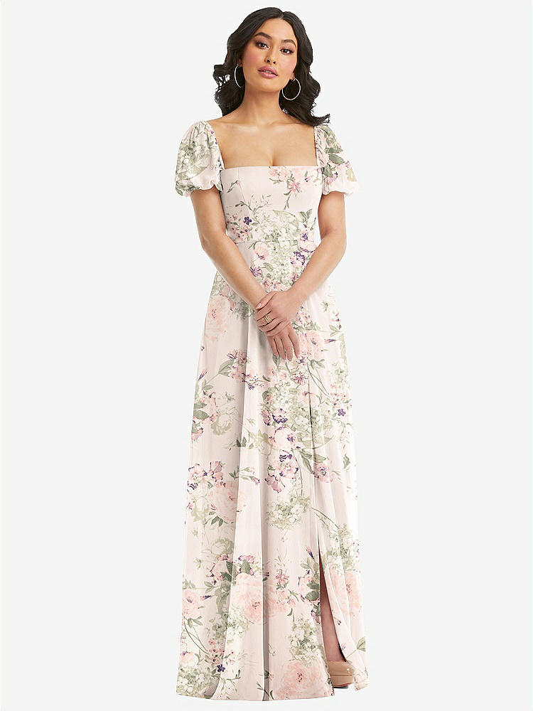 【STYLE: 1567】Puff Sleeve Chiffon Maxi Dress with Front Slit【COLOR: Blush Garden】