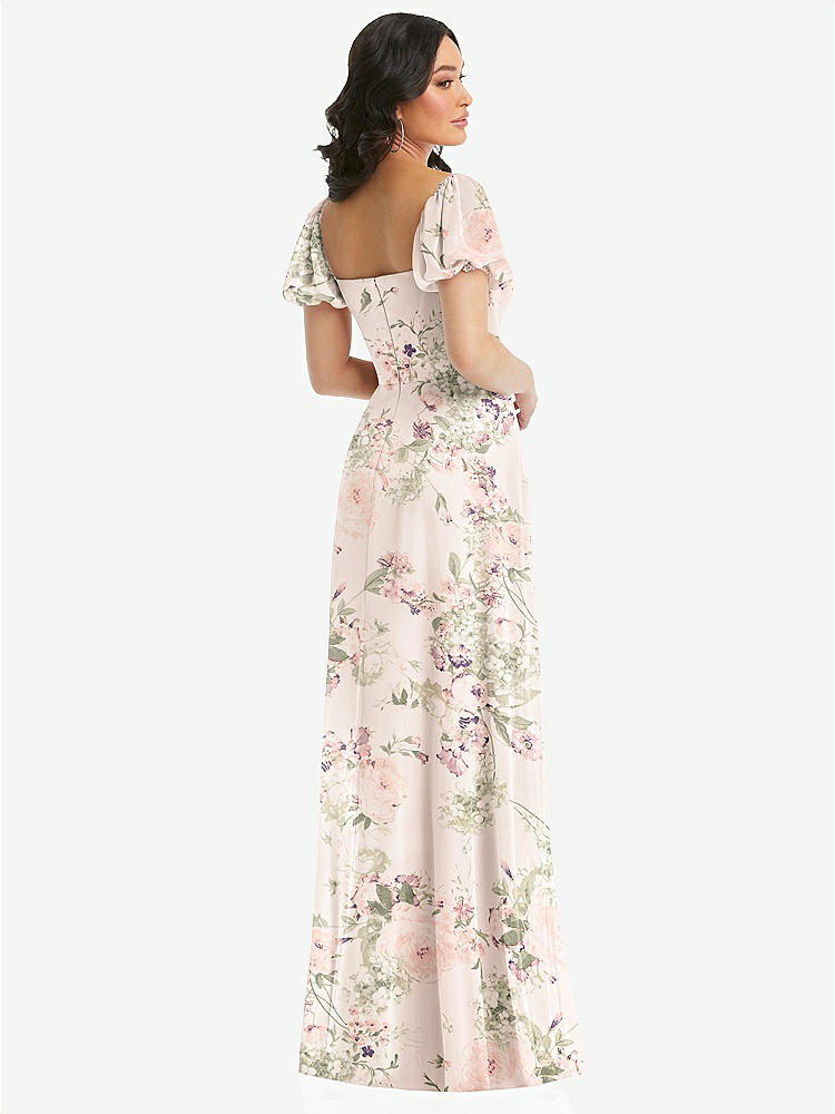 【STYLE: 1567】Puff Sleeve Chiffon Maxi Dress with Front Slit【COLOR: Blush Garden】
