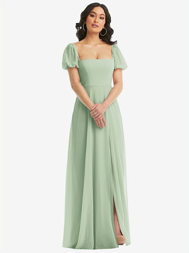 【STYLE: 1567】Puff Sleeve Chiffon Maxi Dress with Front Slit【COLOR: Celadon】