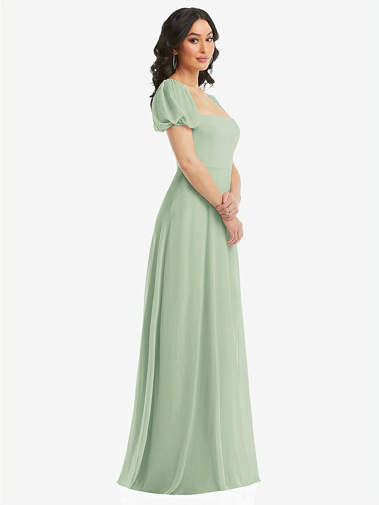 【STYLE: 1567】Puff Sleeve Chiffon Maxi Dress with Front Slit【COLOR: Celadon】