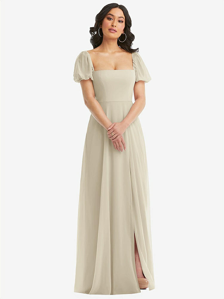 【STYLE: 1567】Puff Sleeve Chiffon Maxi Dress with Front Slit【COLOR: Champagne】
