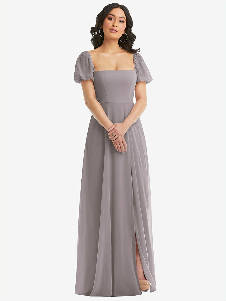 【STYLE: 1567】Puff Sleeve Chiffon Maxi Dress with Front Slit【COLOR: Cashmere Gray】
