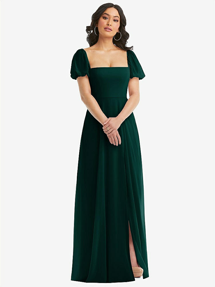 【STYLE: 1567】Puff Sleeve Chiffon Maxi Dress with Front Slit【COLOR: Evergreen】