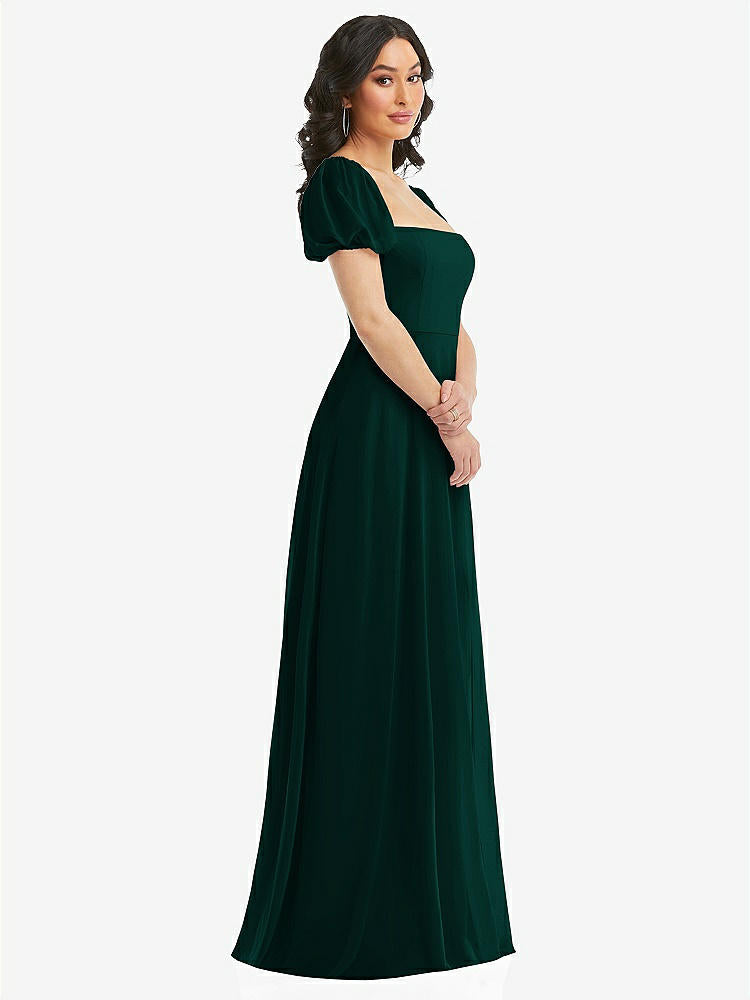【STYLE: 1567】Puff Sleeve Chiffon Maxi Dress with Front Slit【COLOR: Evergreen】