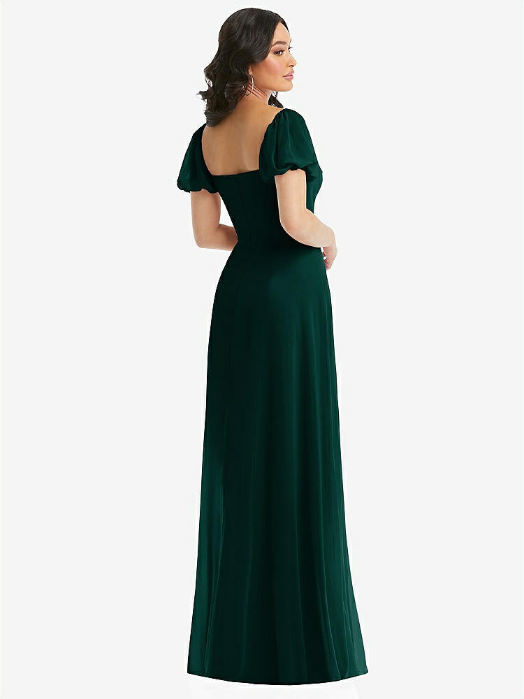 【STYLE: 1567】Puff Sleeve Chiffon Maxi Dress with Front Slit【COLOR: Evergreen】