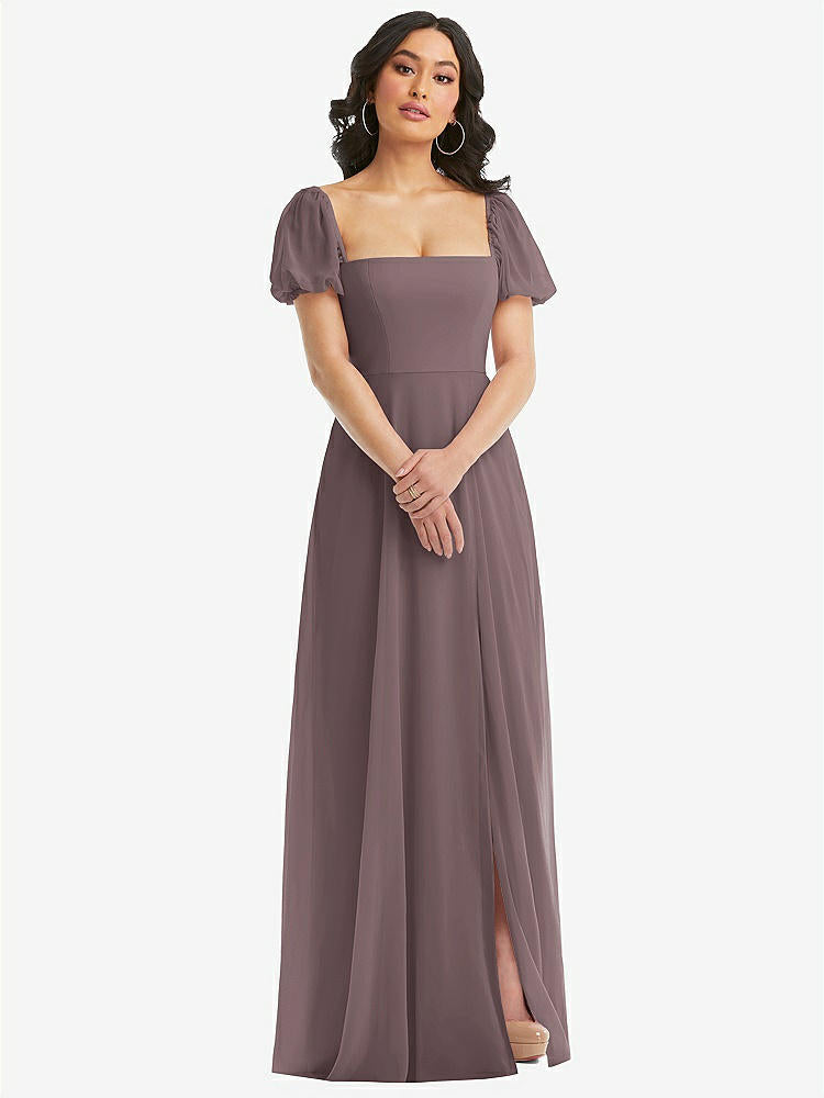 【STYLE: 1567】Puff Sleeve Chiffon Maxi Dress with Front Slit【COLOR: French Truffle】