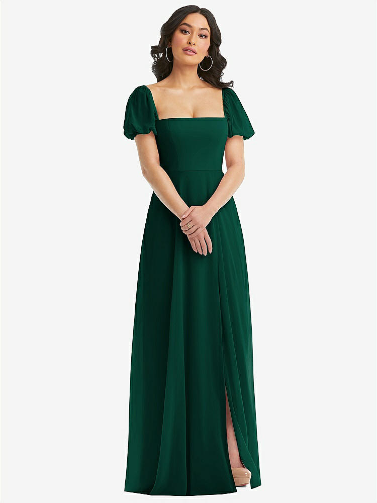 【STYLE: 1567】Puff Sleeve Chiffon Maxi Dress with Front Slit【COLOR: Hunter Green】