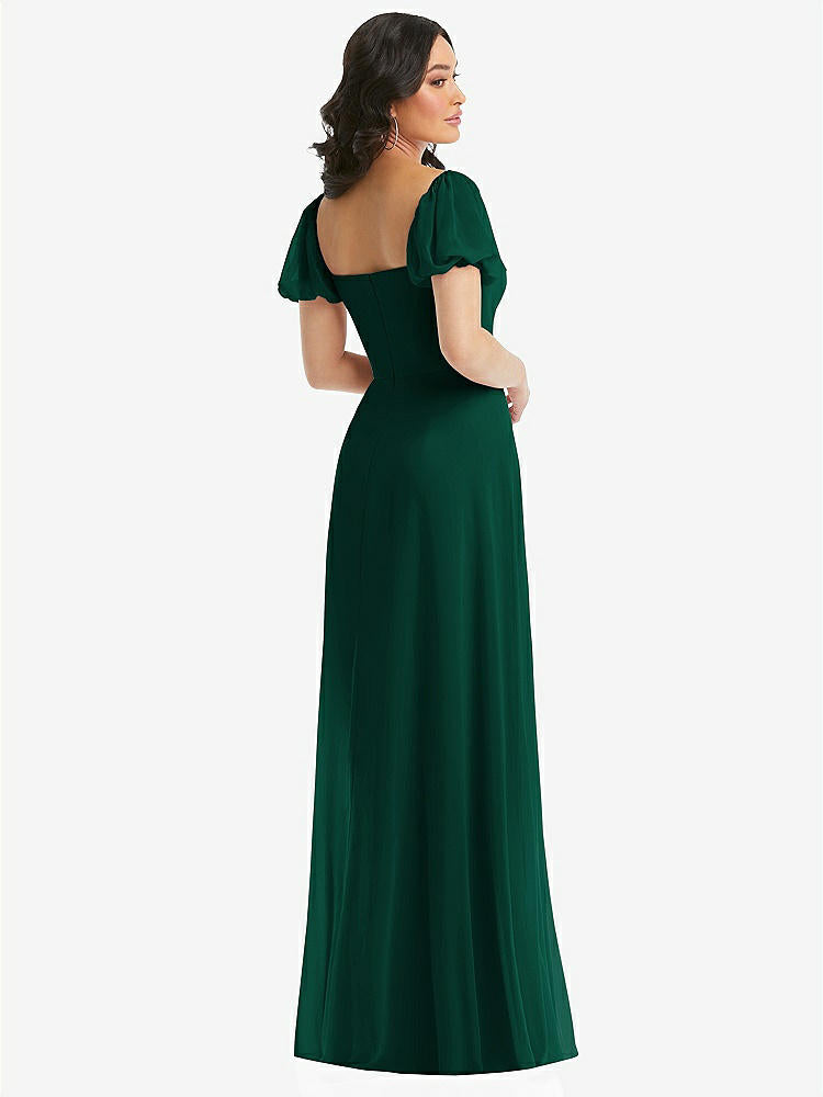 【STYLE: 1567】Puff Sleeve Chiffon Maxi Dress with Front Slit【COLOR: Hunter Green】