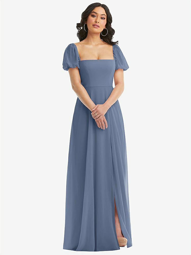 【STYLE: 1567】Puff Sleeve Chiffon Maxi Dress with Front Slit【COLOR: Larkspur Blue】