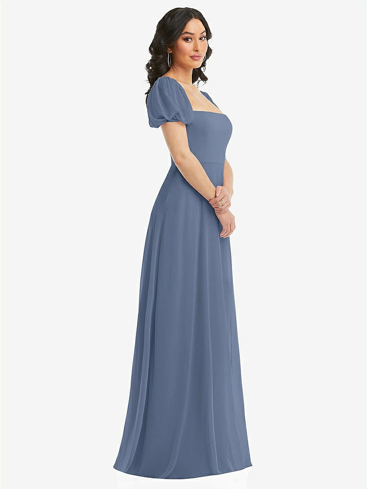 【STYLE: 1567】Puff Sleeve Chiffon Maxi Dress with Front Slit【COLOR: Larkspur Blue】