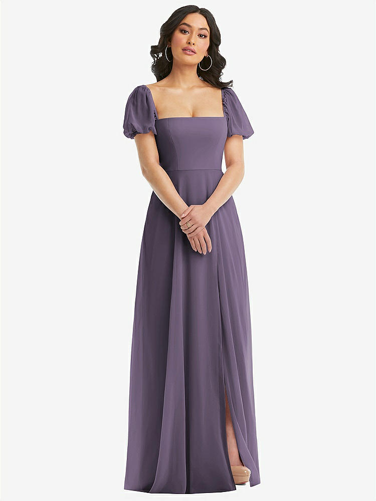 【NEW】【STYLE: 1567】パフ スリーブ シフォン マキシ ドレス 前面 スリット【COLOR: Lavender】【SIZE: 00-30W】